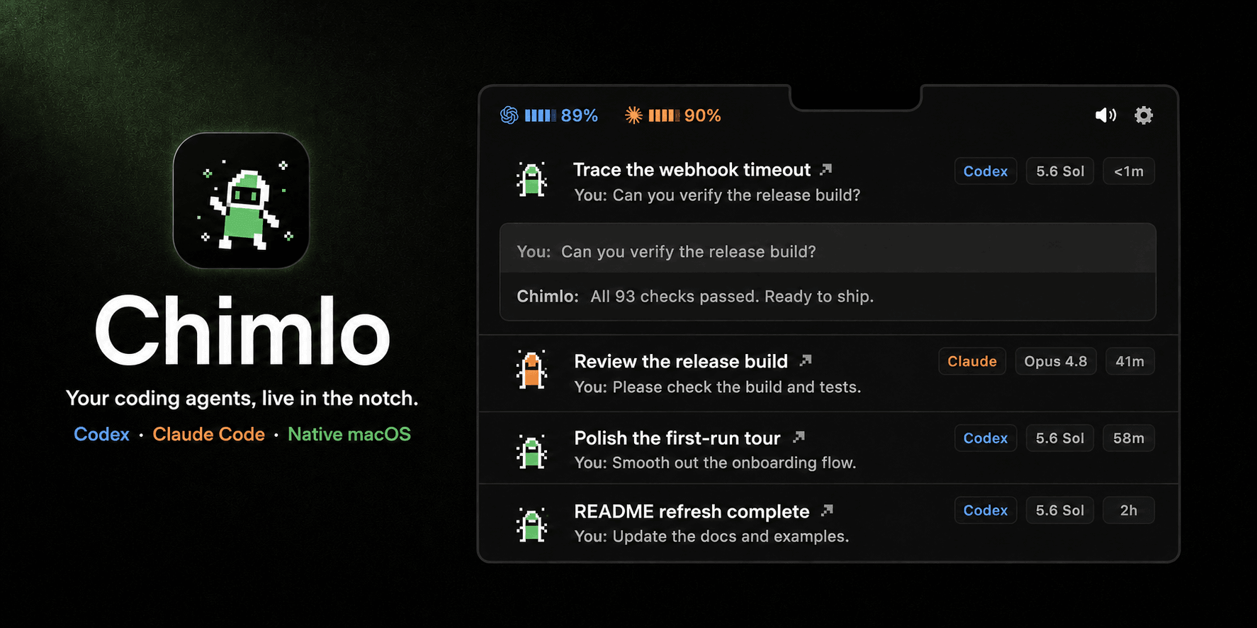 Chimlo showing live Codex and Claude sessions, provider usage, and finished work in the MacBook notch